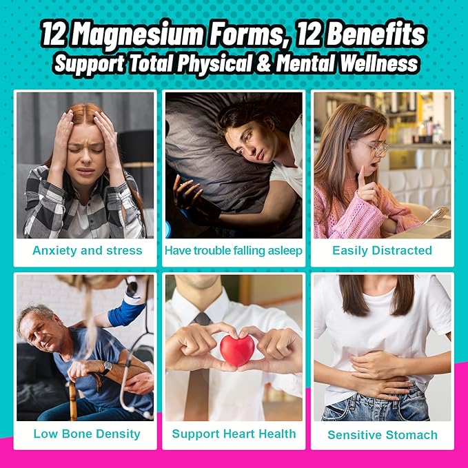 Magnesium Complex 12 in 1 Supplement 700mg Per Serving - 100% Chelated Purified Magnesium Glycinate - 120 Capsules - Support Sleep Heart Muscle Bone Health - High Absorption