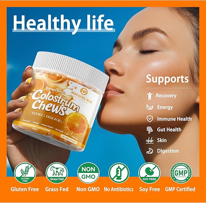 Colostrum Chews Supplement with probiotics for Gut Health Bloating Immune Support Skin Hair Growth and Beauty - Orange Flavor (60 Servings)