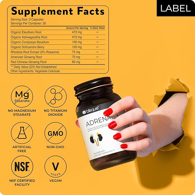 Blisque – Natural Adrenal Support Supplement for Adrenal Health Cortisol Manager Fatigue and Stress Relief | Doctor-Approved | with Ashwagandha | 90 Capsules | Vegan and Non-GMO