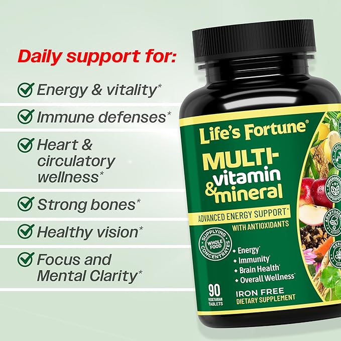 Life's Fortune Whole Food Multivitamin &amp Mineral Supplement for Men &amp Women | Daily Energy Support Vitamins | Immune Brain &amp Metabolism Support | Iron Free 60 Vegetarian Tablets