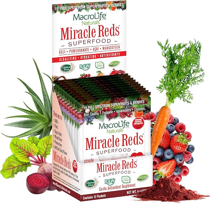 MacroLife Naturals Miracle Reds Superfood Powder 19 Blended Fruit &amp Berry Polyphenols Enzymes Probiotics &amp Antioxidants Supplement - Raw Non-GMO &amp Vegan Whole Food Vitamins - 12 Packet Ser