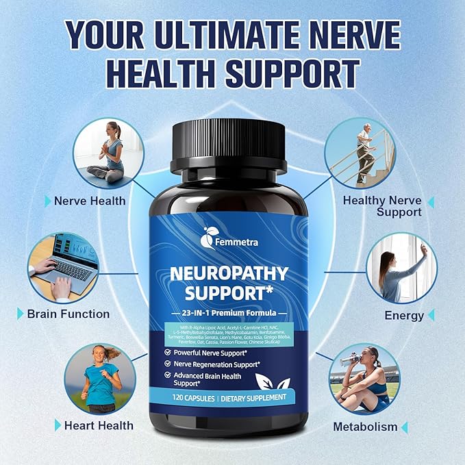 Nerve &amp Peripheral Neuropathy Support Supplement with 1200mg R-Alpha Lipoic Acid L-Carnitine Vitamin B12 B1 B6 D3 E Folate Lions Mane NAC Magnesium Turmeric - Liver Detox Antioxidant &amp Mental