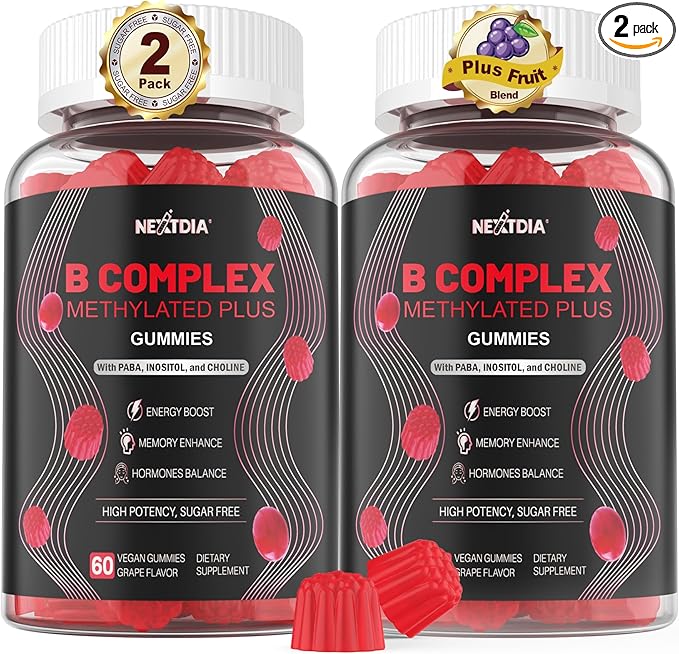 Nextdia Brain &amp Mood Support Gummies Super Vitamin B Complex for Men &amp Women All B Vitamin B1 B2 B3 B5 B6 B7 Folate MethyB12 with PABA Inositol Choline Supports MTHFR Gene &amp Energy V