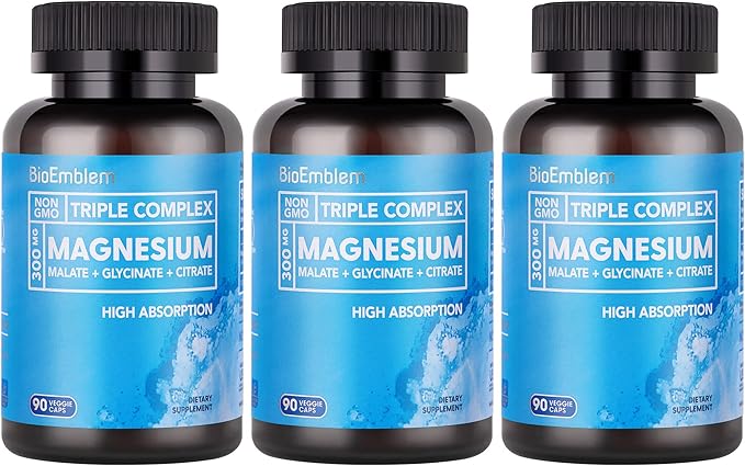 BioEmblem High Absorption Triple Magnesium Complex 300mg | Magnesium Glycinate for Nerves Malate for Energy Supplement to Support Muscle Health | Vegan Non-GMO 270 Capsules