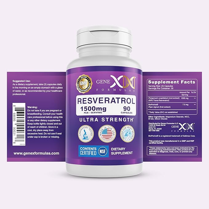 Genex Formulas 1500mg Resveratrol with BioPerine for Absorption (3 Pack) | Organic Trans-Resveratrol Capsules from Japanese Knotweed Antioxidant Supplement for Healthy Aging