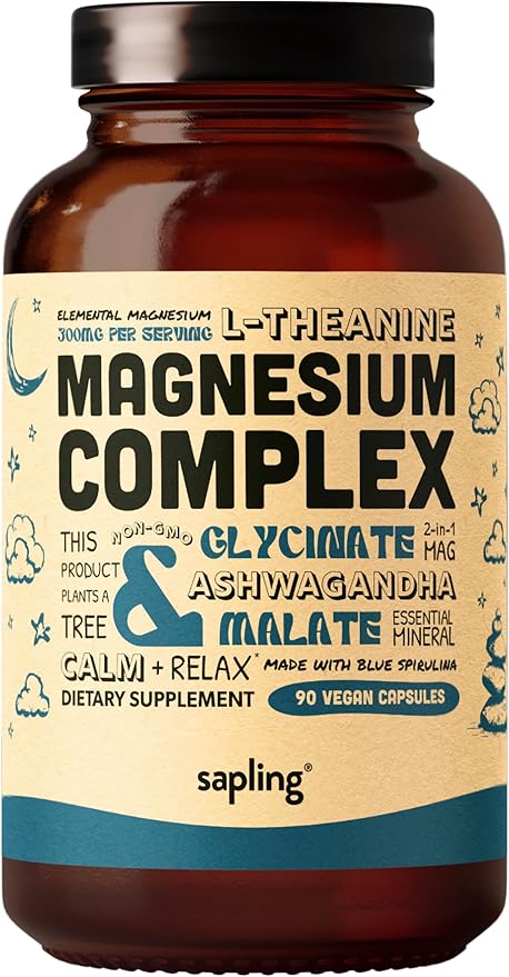 Magnesium Glycinate Complex Supplement - Chelated Magnesium Glycinate with Malate Organic Ashwagandha L-theanine &amp Blue Spirulina - High Absorption Vegan Non-GMO 300mg 90 Veggie Caps