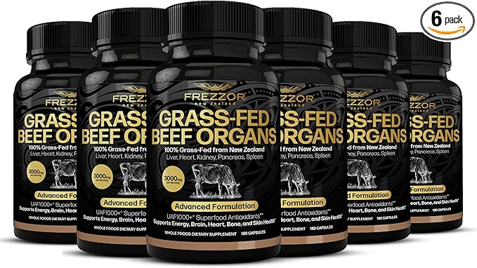 FREZZOR New Zealand 100% Live-Grass-Fed Beef Organs Complex Supports Whole Body Wellness and Energy with Proprietary Blend of Liver Heart Kidney Pancreas &amp Spleen Non-GMO 3000mg 1080 Capsul