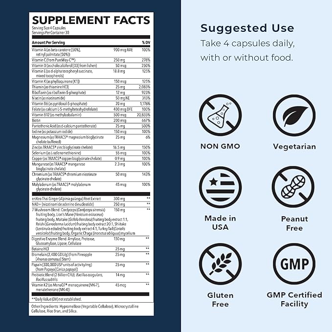 LifeSeasons Men's Multivitamin – High Potency with 21 Vitamins &amp Minerals PureWay-C® NAD+ Active B-Vitamins TRAACS® Chelates enXtra® for Energy Probiotics &amp Mushrooms – 120 Veg Capsules