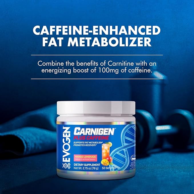 Evogen Carnigen Plus Caffeine - Premium Carnitine Powder | Supports Fat Metabolism &amp Promotes Recovery | L Carnitine Supplement Matrix with Caffeine &amp Acetyl L-Carnitine | Mango Lemonade | 50