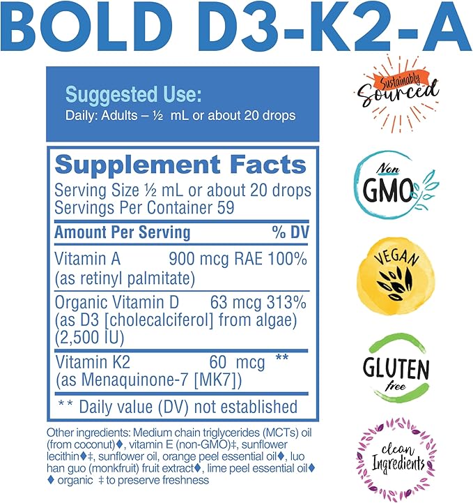 Bold Botanica Vitamin D3-K2-A Liquid Drops for Adults and Kids – 2500 IU Vegan D3 from Algae with K2 (MK7) &amp A 3-in-1 Complex for Immune Bone &amp Heart Support Orange Flavor – 1 FL OZ 60 Ser