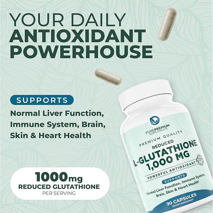 PurePremium Reduced Glutathione 1000mg per Serving – 98% Purity – L-Glutathione Supplement 500mg per Capsule – Antioxidant Supplement for Liver Detox Skin Brain &amp Immune Support – 45-Day Supply