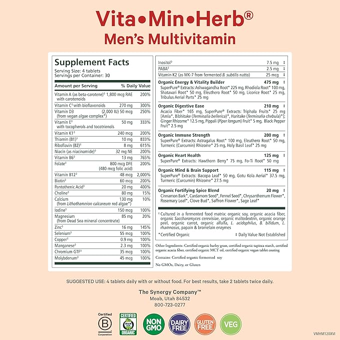 PURE SYNERGY Vita·Min·Herb for Men | Men’s Comprehensive Multivitamin Supplement | Made with Organic Whole Food Non-GMO Ingredients | Daily Energy &amp Immune Support (120 Tablets)