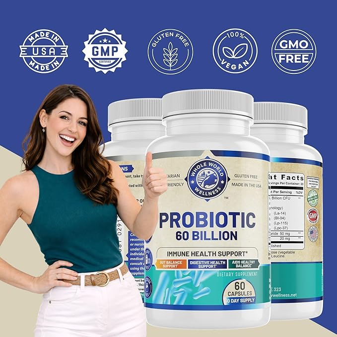 Probiotic 60 Billion CFU/g | Immune Digestive &amp Gut Health Support | Supports Constipation Gas &amp Bloating | All Natural Dairy Free Soy Free | 60 Capsules | Made in The USA.
