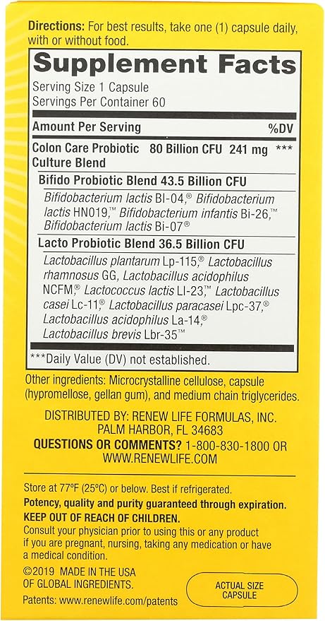 Renew Life Adult Colon Care Probiotic Supplement Gluten Dairy &amp Soy Free 80 Billion CFU Per Capsule 60 Capsules (Package May Vary)