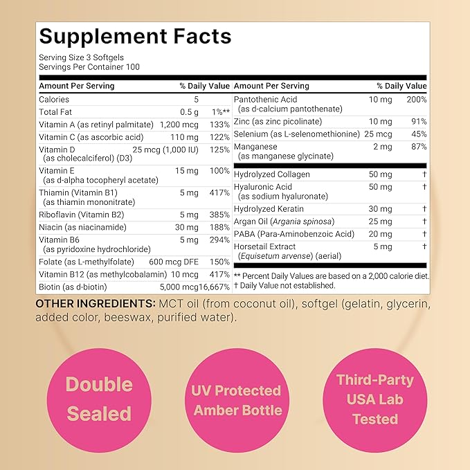 NatureBell Hair Skin &amp Nails* Vitamins for Women – 5000mcg Biotin Collagen Keratin Hyaluronic Acid Argan Oil &amp B‑Complex – 21‑in‑1 Formula with MCT Oil 300 Softgels (100 Days Supply)