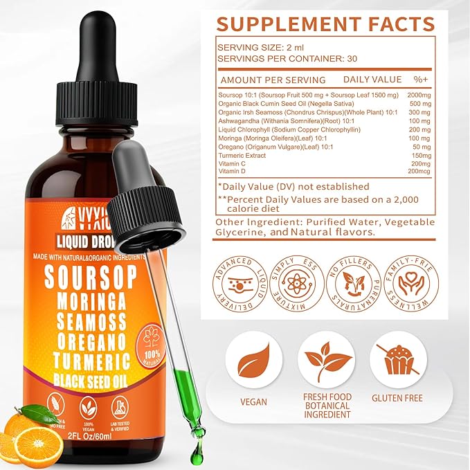 Soursop Bitters Liquid Drops 10 in 1 with Sea Moss Ashwagandha | Original &amp Zesty Orange Flavor Combo | 2-Pack (2 Fl Oz Each) | Herbal Extracts for Overall Health | Vegan Non-GMO Gluten-Free