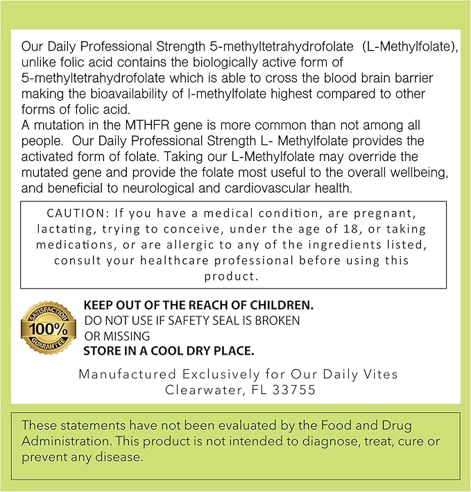 Our Daily Vites L-Methylfolate 7.5mg/7500mcg – Active 5-MTHF Folate Supplement – High Potency Methyl Folate – Supports Energy &amp Overall Wellness – Vegan Non-GMO Capsules – 90 Servings