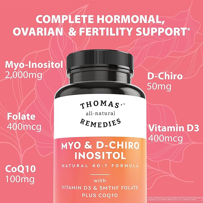 Thomas' all-natural Remedies Myo Inositol Supplement &amp D-Chiro Inositol Blend Supplement with Folate and Vitamin D3 40 to 1 Ratio Non-GMO No Fillers CoQ10 90 Vegan Capsules