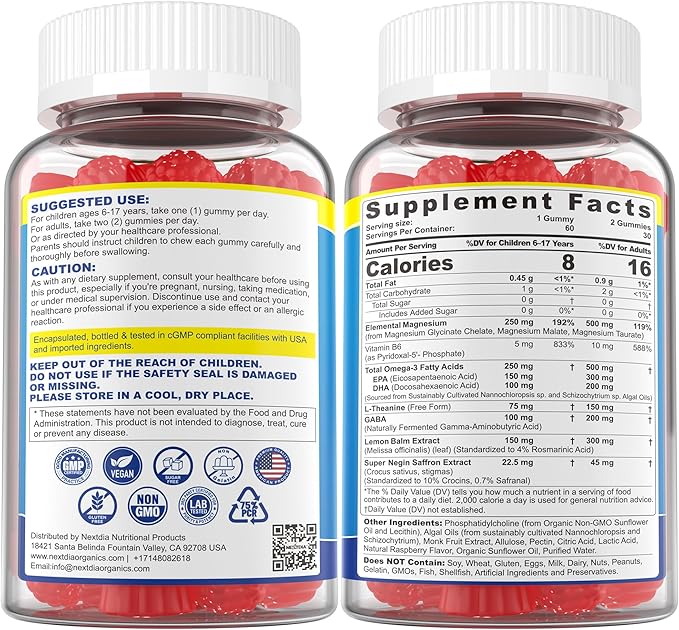 Triple Magnesium Complex 500mg/250mg Gummies + Omega-3 Saffron for Kids 6+ &amp Adults Kids Focus Calm Magnesium Gummies with Theanine Sugar Free Magnesium Glycinate Malate Taurate Sugar Free