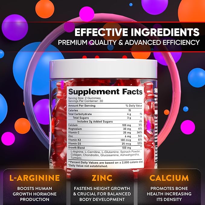 BIOTEQUELAB Height Growth Increase Gummies Vitamins Grow Tall Supplement Calcium Magnesium Zinc Ashwagandha Glucosamine Multivitamin for Teens Kids Adults