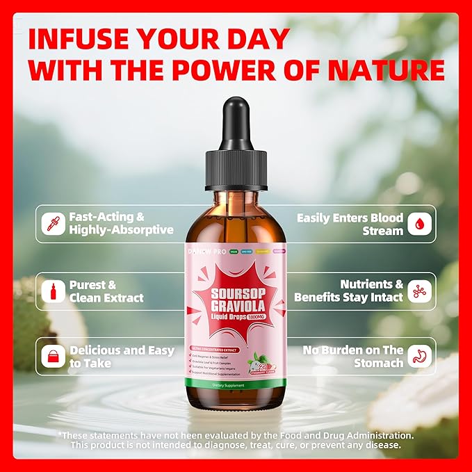 Soursop Graviola Leaf Extract Liquid Drop for Cell Support &amp Regeneration Immune Boost Relax Liver and Sleep Soursop Bitters Liquid Herbal Goodness Sugar/Gluten Free Strawberry Flavor 2 Fl