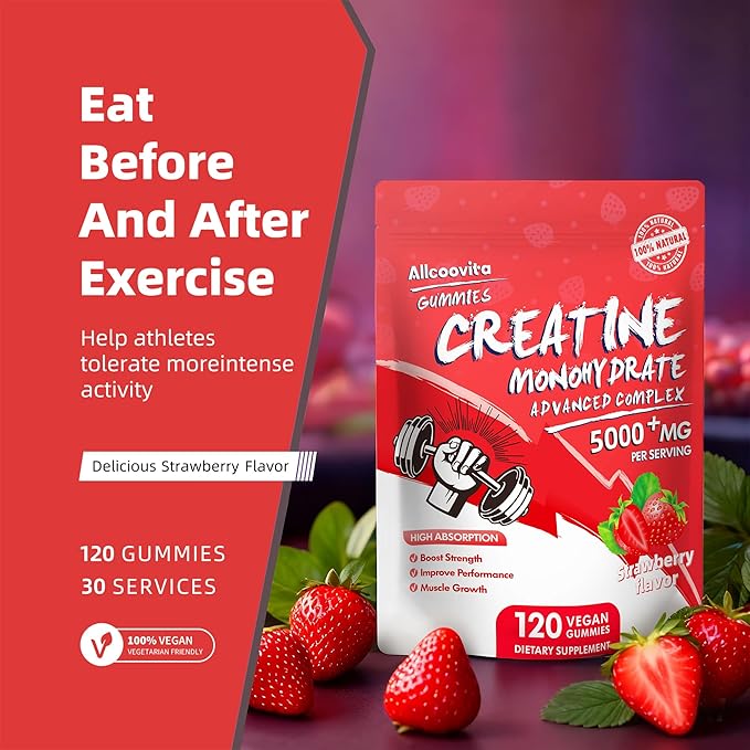 NSF Certified Creatine Gummy - Creatine Monohydrate Gummies 5000mg for Men &amp Women -120 Gummies Advanced Formula Muscle Strength Muscle Builder Energy Boost Pre-Workout Supplement-Strawberry