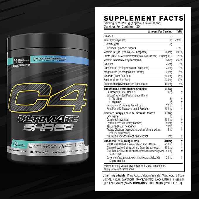 Cellucor C4 Ultimate Shred Pre Workout Powder Metabolism Supplement with Cayenne Extract+300mg Caffeine+TeaCrine+Dynamine - Frozen Bombsicle 20 Servings