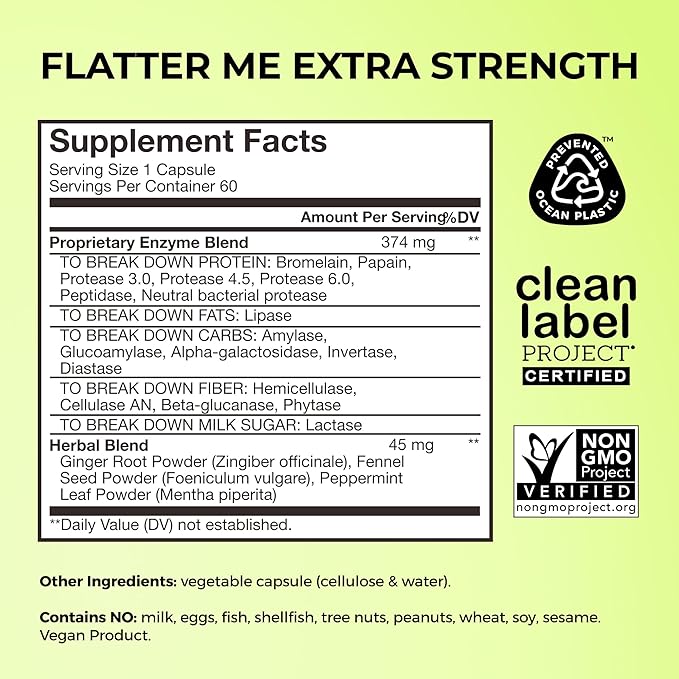 HUM Flatter Me Extra Strength Digestive Enzymes for Women Men Digestive Gut Bloating Supplement Ginger Peppermint Leaf Fast Acting Anti Bloat Pills Multi Enzyme for Debloating 60 Capsules