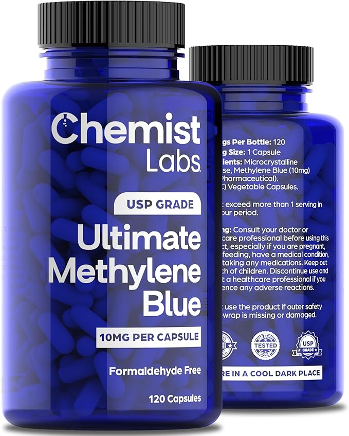 Methylene Blue Capsules for Humans - USP Grade 99% Purity Methylene Blue Pharmaceutical Grade Third Party Tested Supports Cellular &amp Mitochondrial Function Made in USA 120 Count