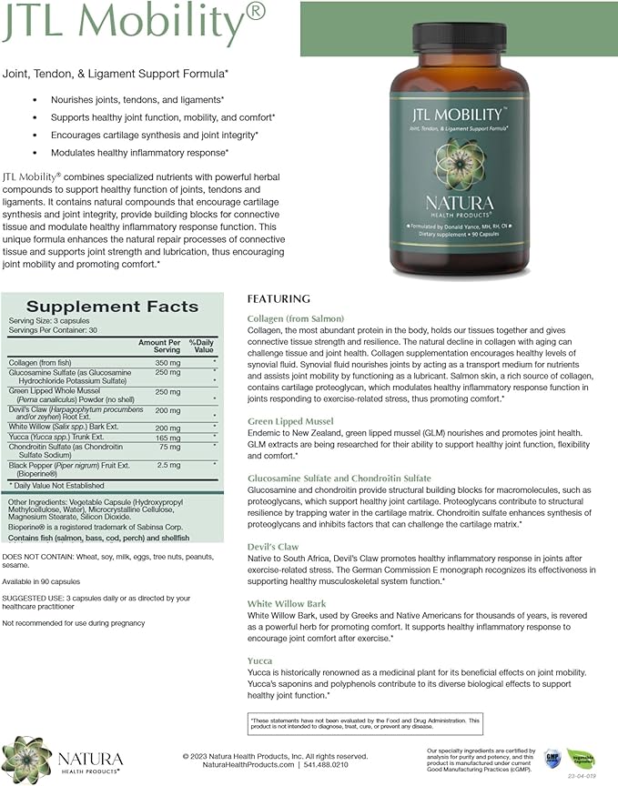 Natura Health Products JTL Mobility Supplement - Supports Healthy Joint Function Mobility and Comfort - Featuring Collagen Glucosamine Sulfate Chondroitin Sulfate &amp White Willow (90 Capsules)