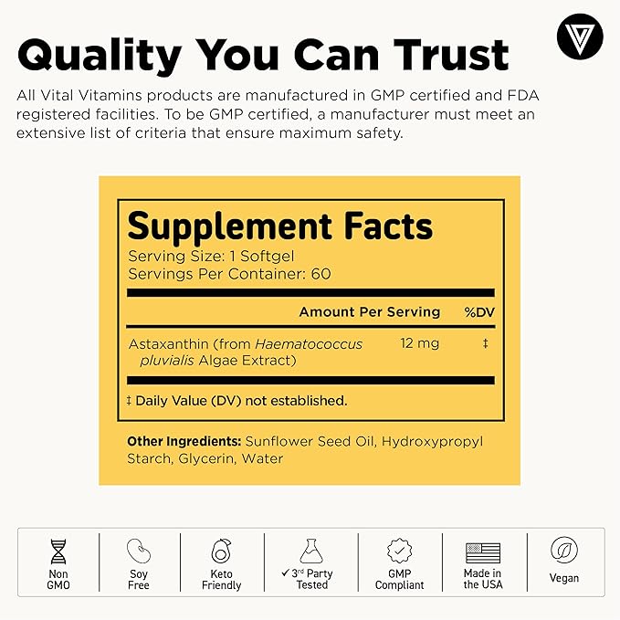 Vital Vitamins Astaxanthin 12mg Softgels - Made with Natural Astaxanthin - Supplement to Promote Skin Hydration Elasticity - Defends Cells Against Daily Damage - Vegan Made in the USA - 60 Soft Gels