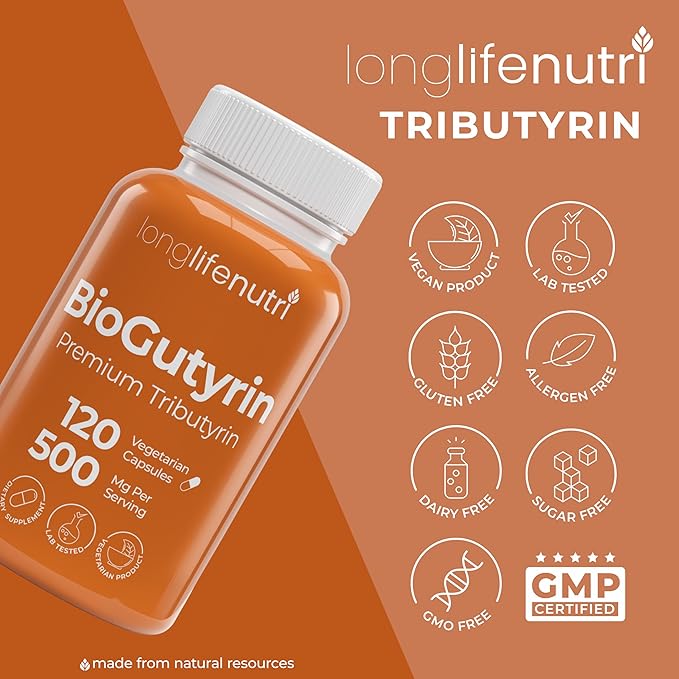 BioGutyrin – Tributyrin 500mg Postbiotic Supplement for Gut Function &amp Nutrient Absorption 120 Vegetarian Capsules Butyric Acid for Butyrate Production 4-Month Supply GMP Certified Made in U
