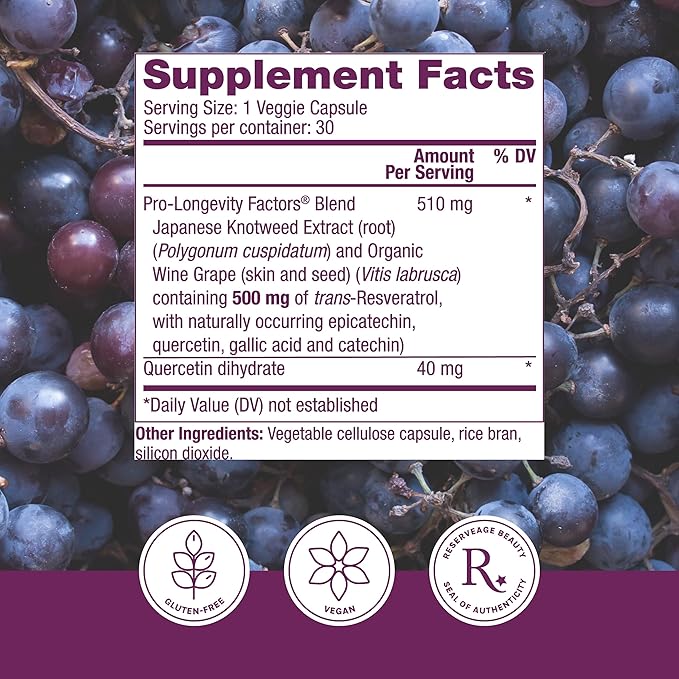 Reserveage Beauty Resveratrol 500 mg Antioxidant Supplement for Heart and Cellular Health Supports Healthy Aging and Immune System Paleo Keto 30 Capsules