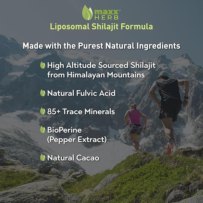 Maxx Herb Pure Himalayan Shilajit – Liquid Liposomal Formula with Black Pepper BioPerine &amp Cacao - Energy Boost &amp Immune Support 85+ Trace Minerals 20% Fulvic Acid – 4 Oz Bottle (60 Servings