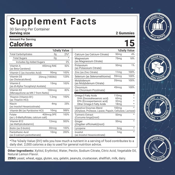 Mens Multivitamins Gummies Methylated Multivitamin with Vitamins A C D K E B Complex Omega-3 Digestive Enzymes Lycopene Calcium Magnesium - Support Brain Muscle Energy Sugar Free 120Cts