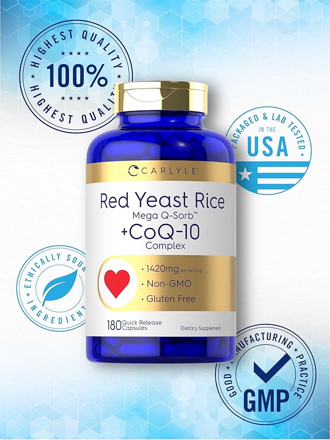 Carlyle Red Yeast Rice with CoQ10 Complex | 1420 mg | 180 Capsules | Mega Q-Sorb | Non-GMO Gluten Free Supplement
