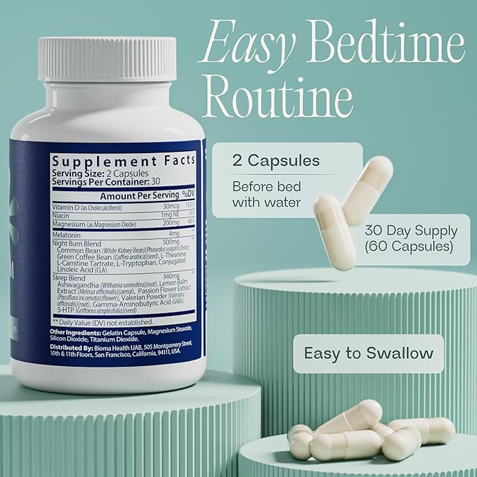 BIOMA Night Metabolism &amp Sleep - Supports Digestion Energy Metabolism &amp Restful Sleep with Melatonin Vitamin D Magnesium &amp More - 60 Capsules (30-Day Supply)