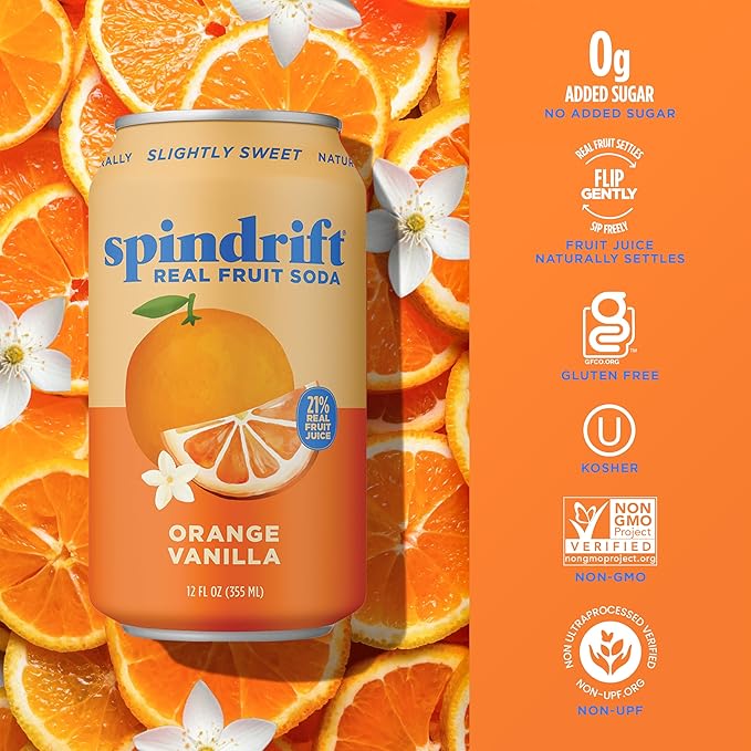 Spindrift Orange Cream Float Orange Vanilla Soda Made with Real Squeezed Fruit 12 Pack Case