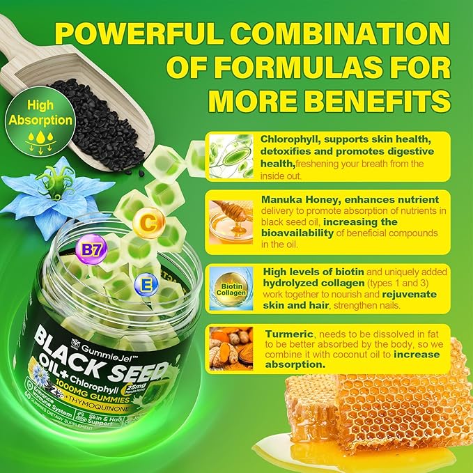 Black Seed Oil Gummies &amp Chlorophyll Biotin 500mcg with Hydrolyzed Collagen Raw Manuka Honey Organic Cold Pressed - Ultimate Absorption for Skin Hair &amp Nails Digestive Overall Health2 P