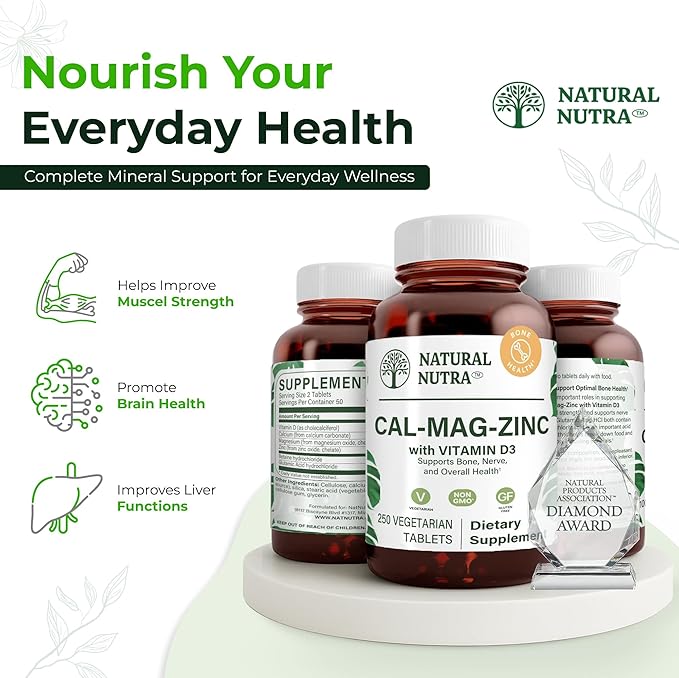Natural Nutra Calcium Magnesium Zinc with Vitamin D3 - CMZ Supplement | Bone Strength Immune Support Muscle &amp Nerve Health - Cal-Mag Zinc Supplement - Digestion Support - 250 Tablets (Pack of 2)