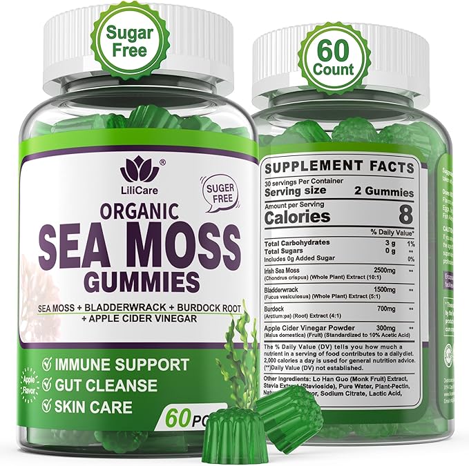 Sea Moss Gummies - Irish Sea Moss Gummies for Adults &amp Kids - Advanced Superfood Seamoss Supplement + Bladderwrack &amp Burdock Root ExtractACV for Daily Immune Gut Cleanse Vegan Sugar Free