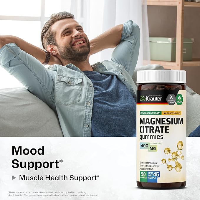 BIO KRAUTER Magnesium Citrate for Relaxation &amp Sleep Support - Magnesium Gummies 400 mg for Daily Wellness - Natural 90 Calm Gummies 45-Day Supply - Non-GMO Banana Flavor