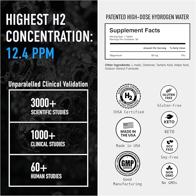DRINK HRW Rejuvenation Molecular Hydrogen Water Tablets: 12 ppm H2 Patented USA Made IHSA-Certified Hydrogen &amp Magnesium Supplement. Supports Energy Recovery Cognitive Function (Unflavored 3
