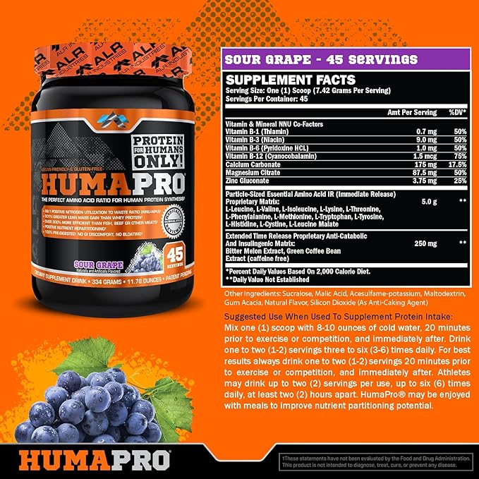 ALR Industries Humapro | Amino Acids Protein Matrix for Humans | 99% Utilization for Lean Muscle | Vegan Gluten Free | 45 Servings (Sour Grape)