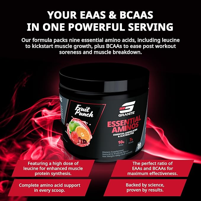 Granite Essential Amino Acids Powder for Muscle Recovery and Growth with 10g EAAs and 7g BCAAs - Soy-Free Gluten-Free 448g (30 Servings) Fruit Punch Flavor