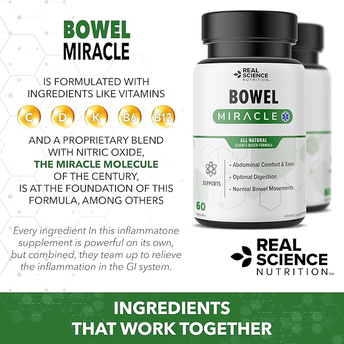 Real Science Nutrition Offers Bowel Miracle: Natural Solution for Gut Health Abdominal Discomfort Lower Bowel Formula Aiding IBS and Chronic Bloating