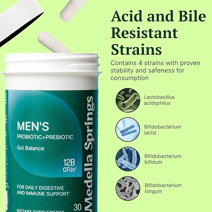 Men’s Probiotic + Prebiotic – 4 Probiotic Strains with Prebiotic Power – Probiotics for Men with 12 Billion CFUs - Non-GMO Digestive &amp Immune Support Supplement - Made in the USA – 30 Veggie Capsu