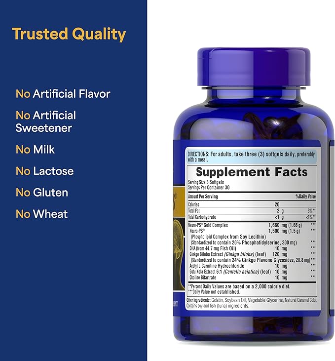 Puritan's Pride Neuro-PS® Gold Plus Neuro-Serine™ with Gingko Biloba and DHA Advanced Dietary Supplement for Brain Function Health and Memory Support 1 Month Supply 90 Rapid Release Softgels