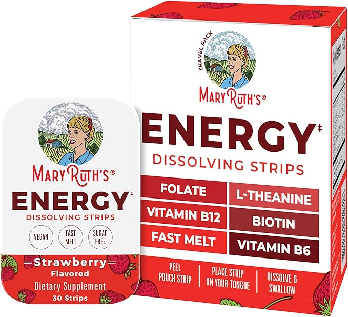 Energy Dissolving Strips by MaryRuth's | Biotin | Vitamin B12 | Vitamin B6 | B Vitamin Complex | Support Energy Levels | L Theanine | Sugar Free | Strawberry Flavor | Vegan | Gluten Free | 30 Count