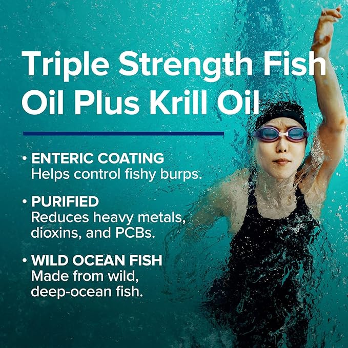 GNC Triple Strength Fish Oil Plus Krill Oil Omega 3 Supplement 1000mg EPA and DHA Supports Heart Brain Skin Eye and Joint Health 60 Softgels